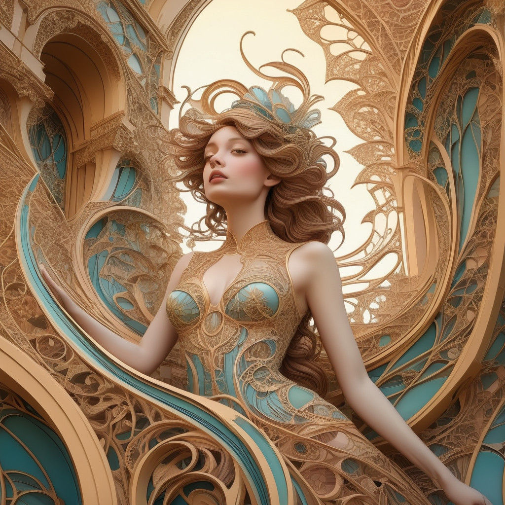 Whimsical Art Nouveau Dreamscape with Intricate Patterns and...