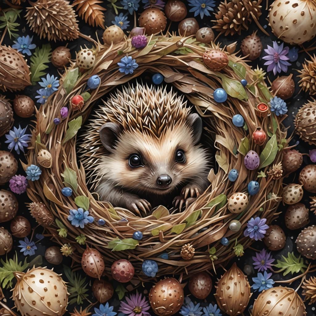 Design a heartwarming watercolor painting of a baby hedgehog curled into a tiny ball, covered in soft quills, and peekin...