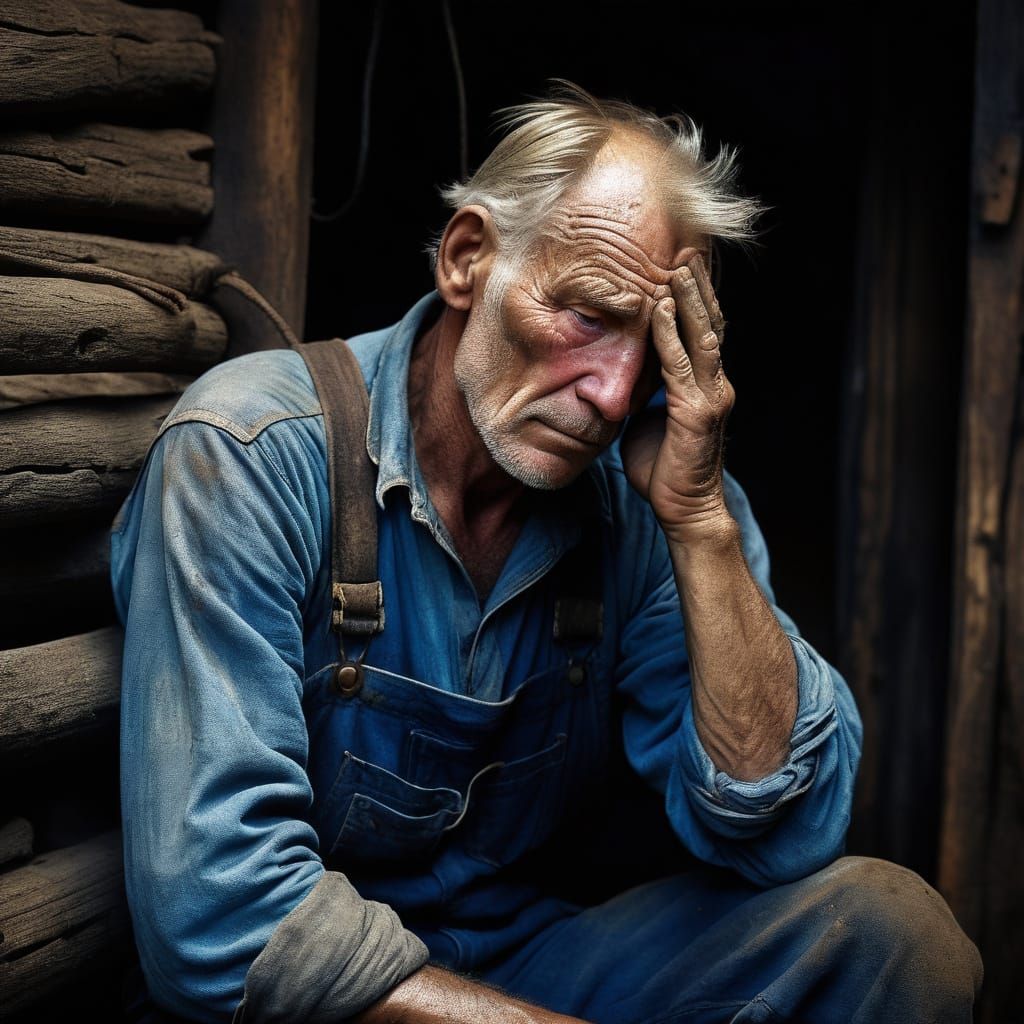 Tired Miner in Rustic Mining Setting