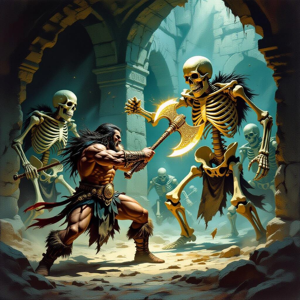 Barbarian Warrior Fights Giant Skeletons in Golden Axe Art