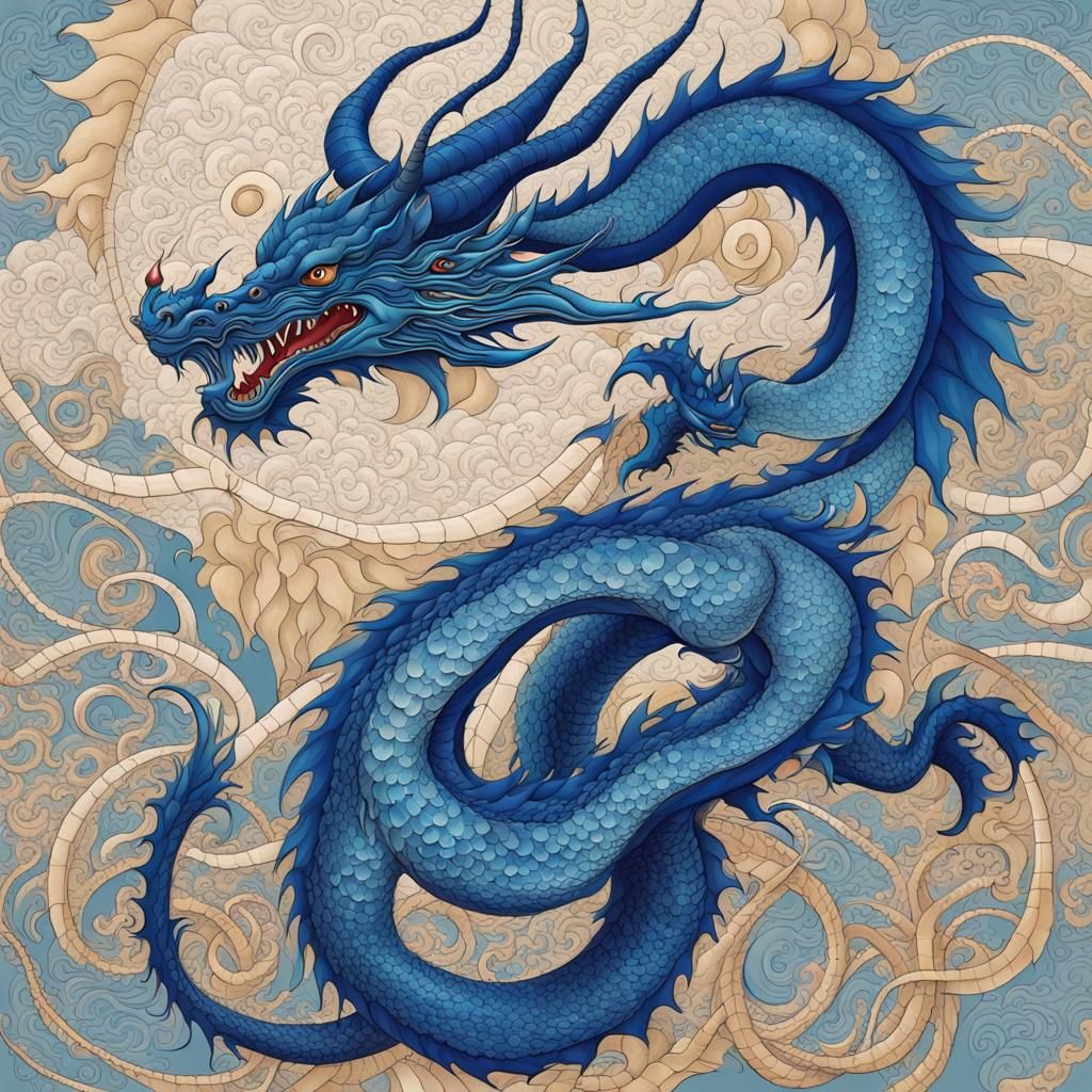 Abstract Oriental Blue Dragon Art