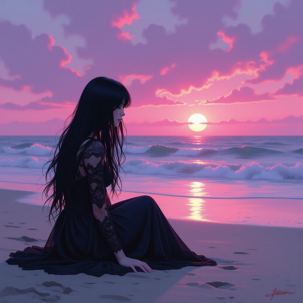 Gothic Girl at Sunrise: Ethereal Art Nouveau Portrait