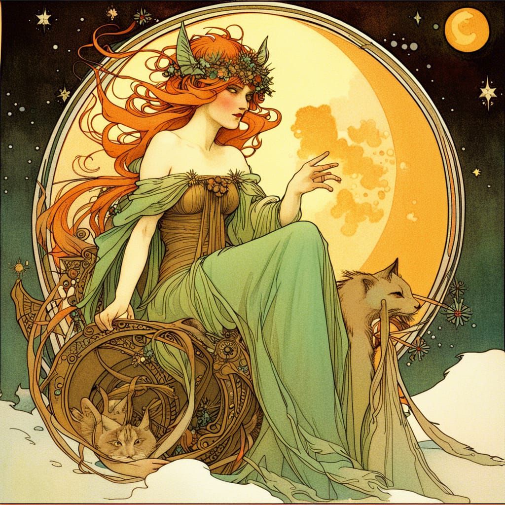 Saturn Witch Queen with Unicorns in Art Nouveau Style
