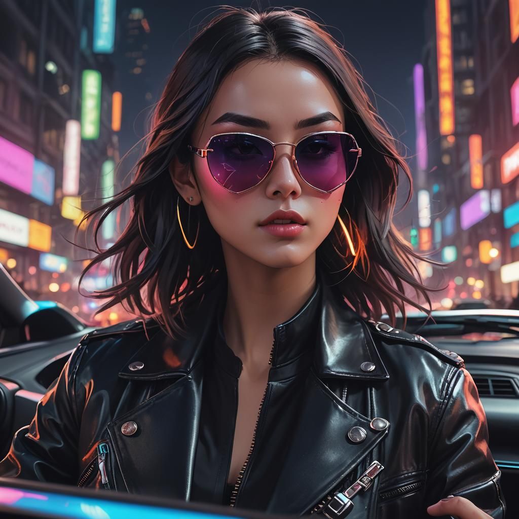 Anime Girl Driving Lamborghini in Neon Cityscape