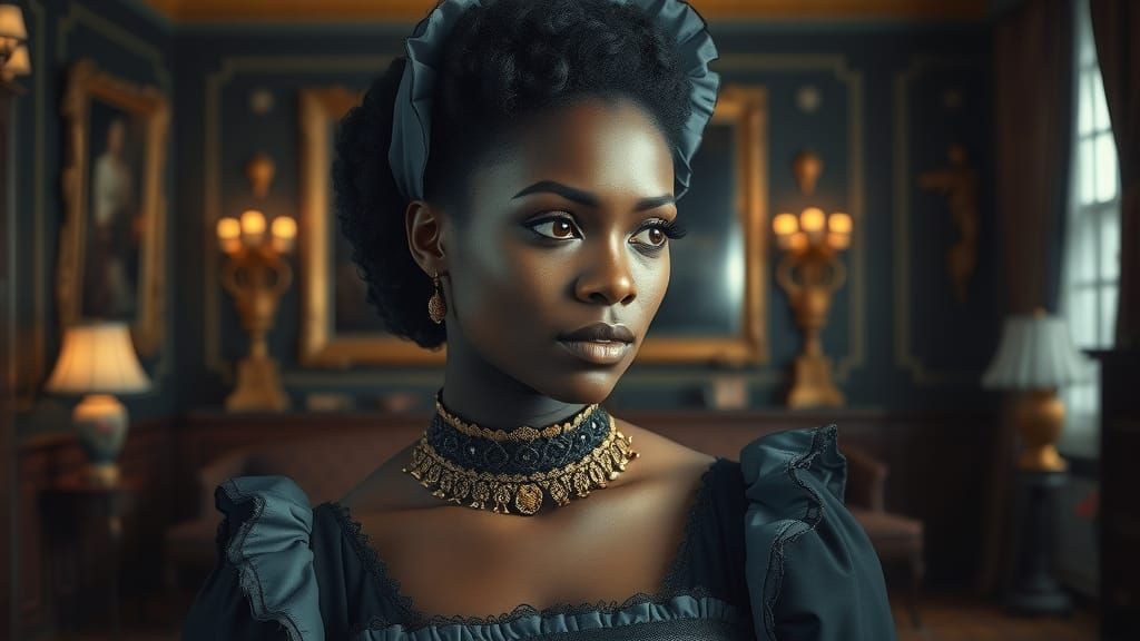 Contemplative Maid in Lavish Estate, Hyperrealistic Style