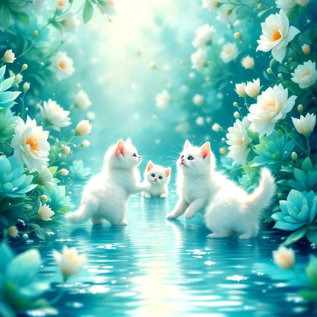Turquoise Fantasy World with Playful Kittens in Hyperdetaile...