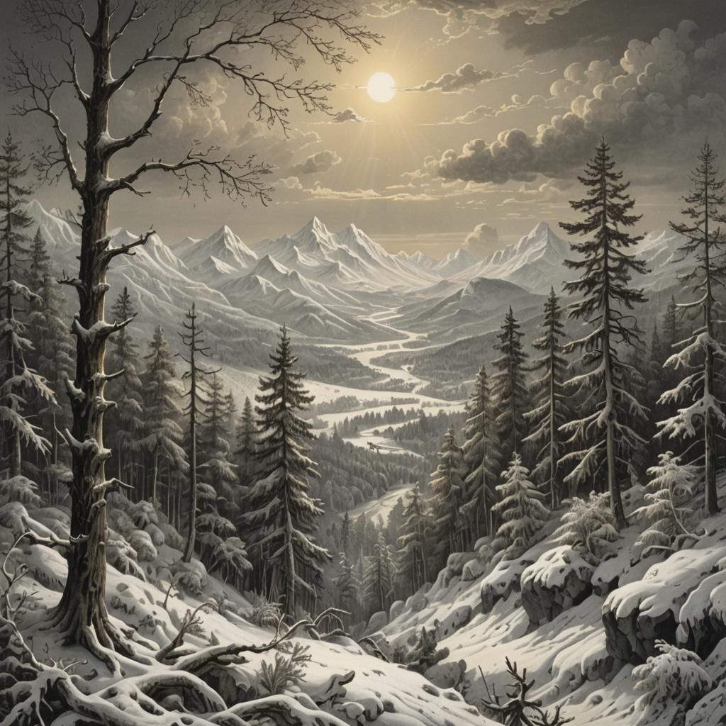 Snowy Mountains and Forest Lithograph in Doré Style