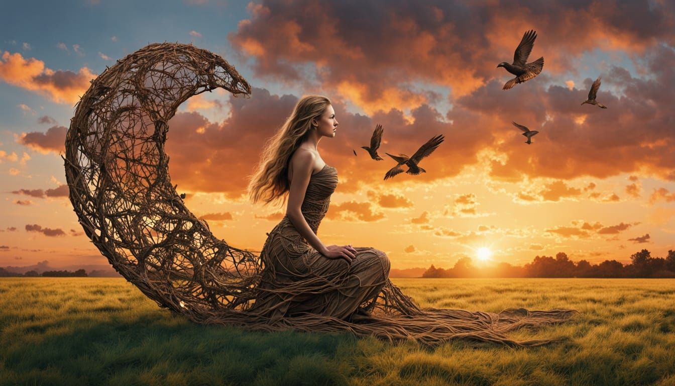 Eco-Art Woman Weaving Nature into Bio Art Collage