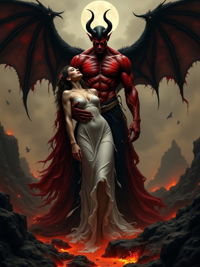 Demonic Figure Cradles Fallen Angel in Dark Fantasy Landscap...
