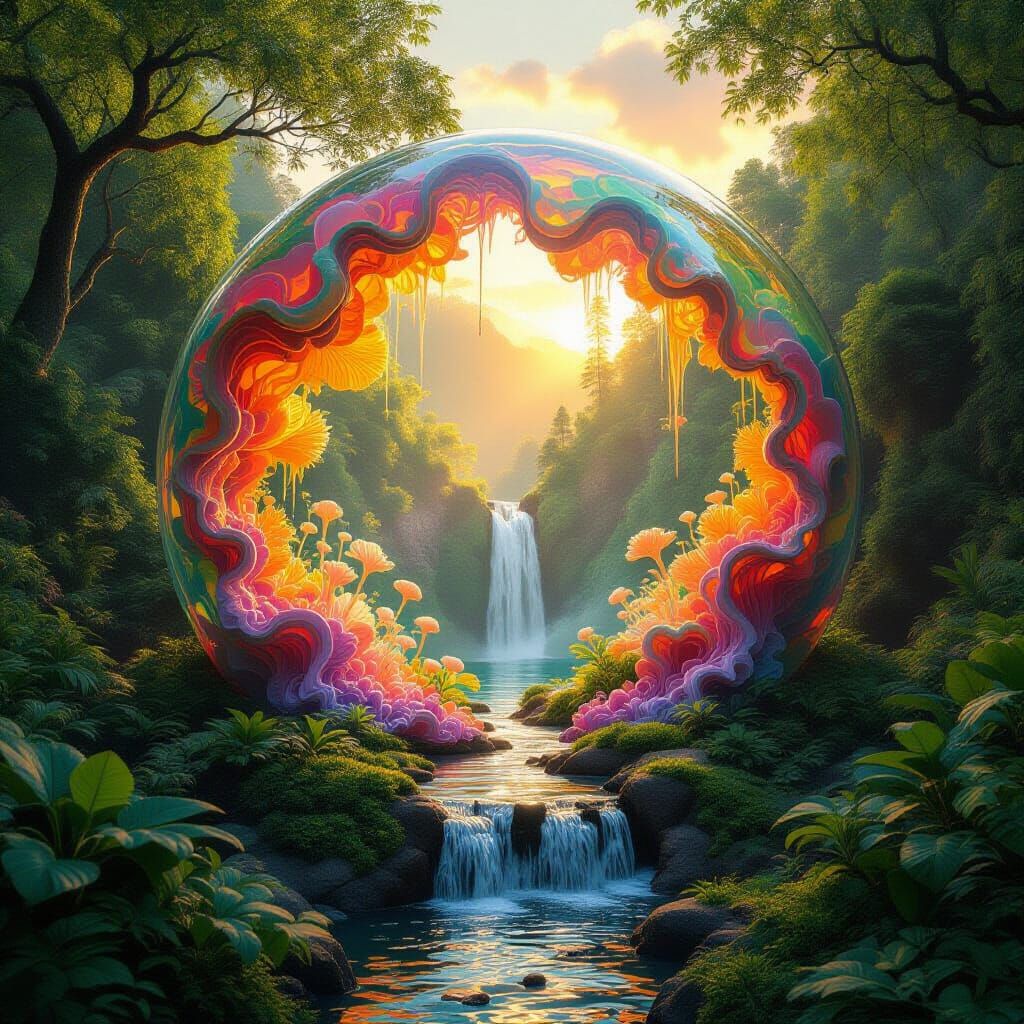 Rainbow Mycelial Sculpture with Quicksilver Falls