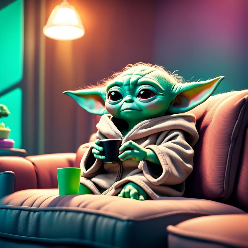 Baby yoda sitting on the couch watching movies