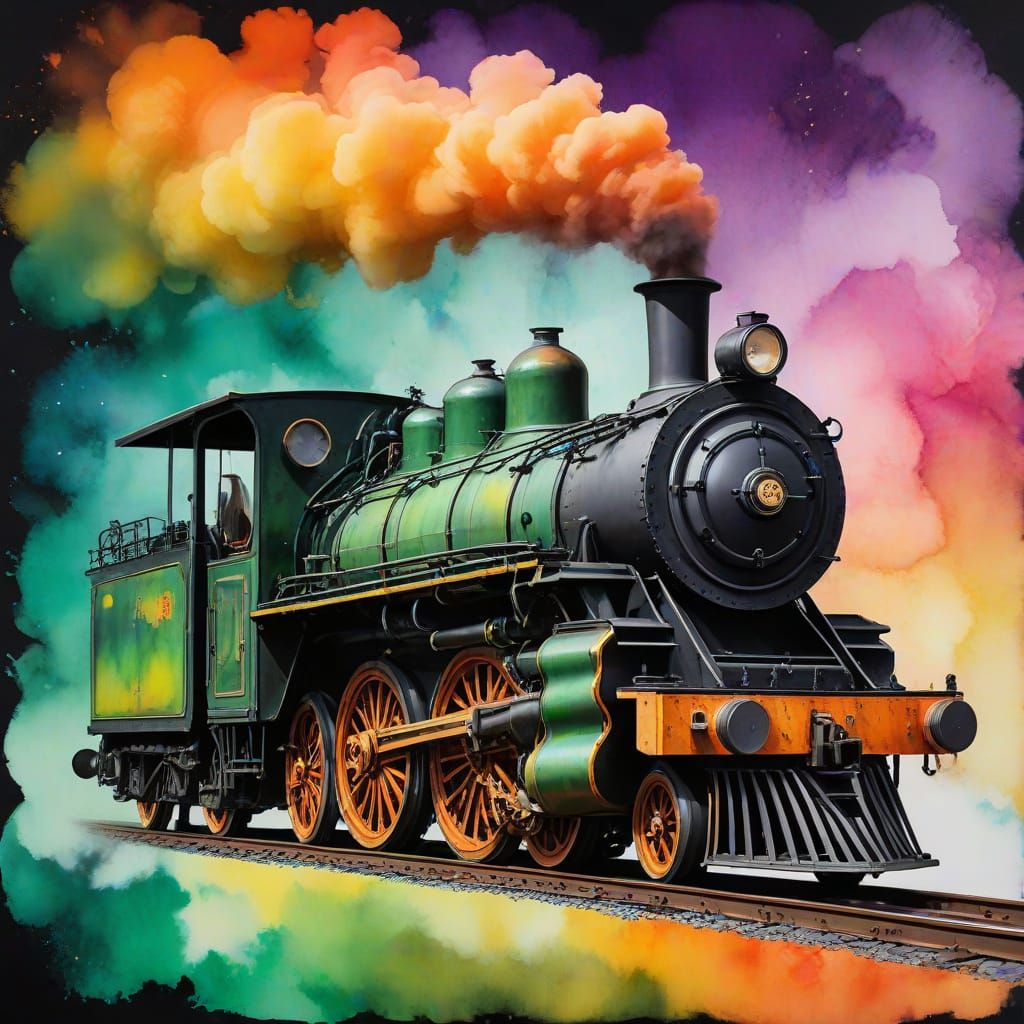 Vintage Steam Engine and Wizard in Rainbow Alcohol Ink