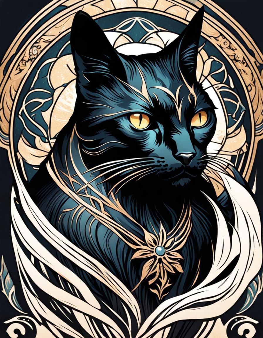 Black Cat in Art Nouveau Style