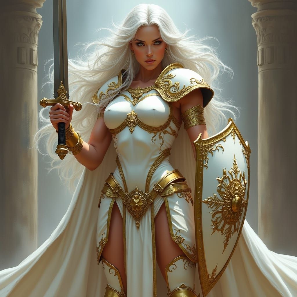 Regal Paladin Woman in Majestic White and Gold Armor