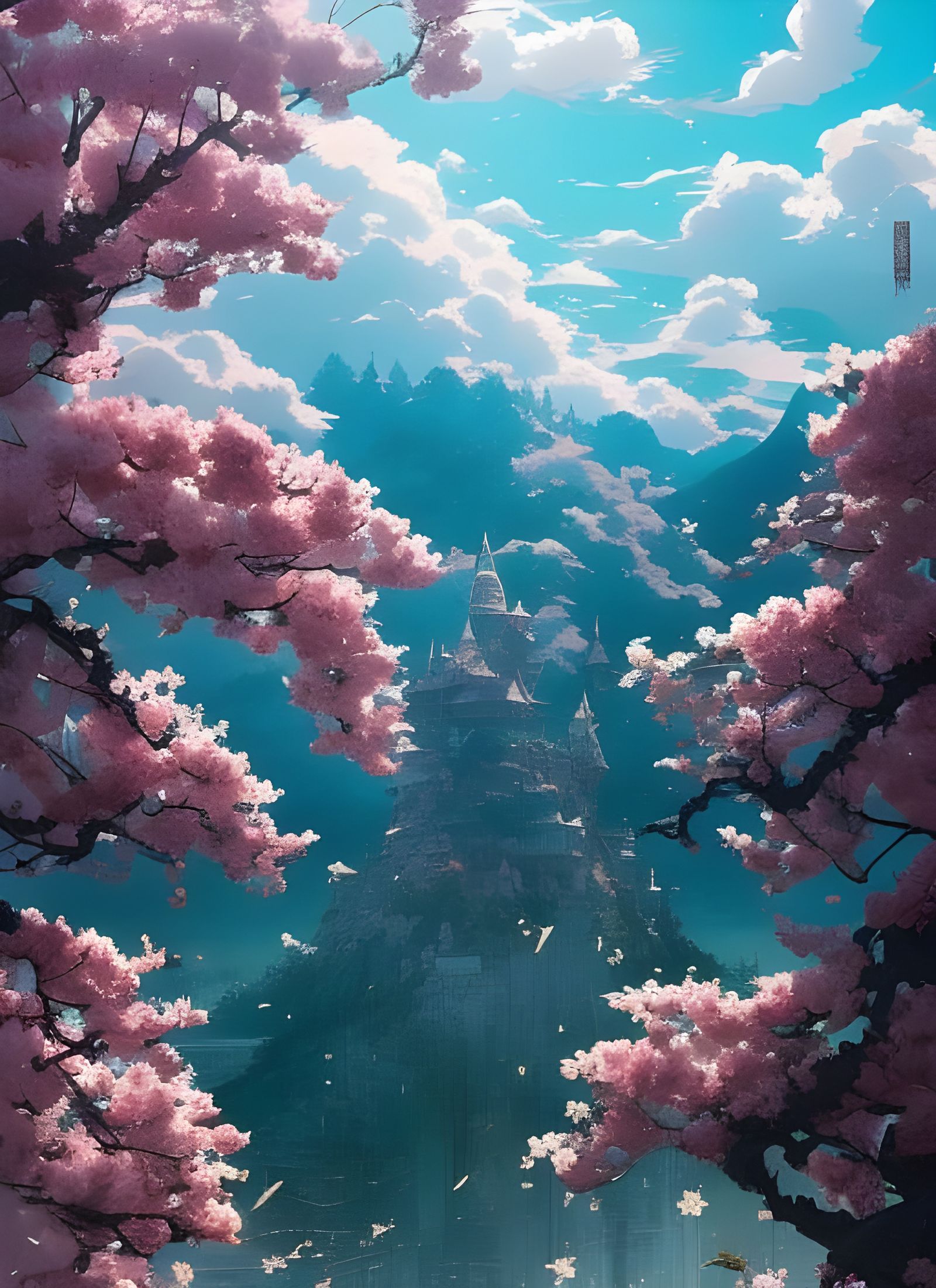 Cherry Tree Fantasy Landscape in Anime Style