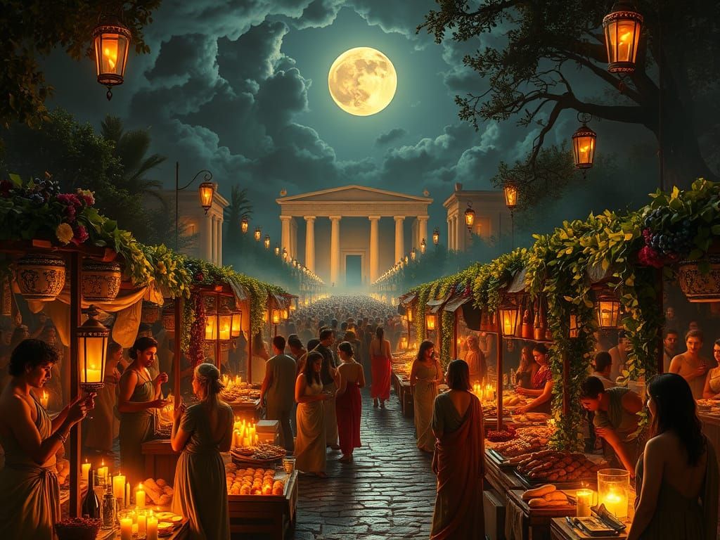 Ancient Greek Night Market in Vibrant, Moonlit Splendor