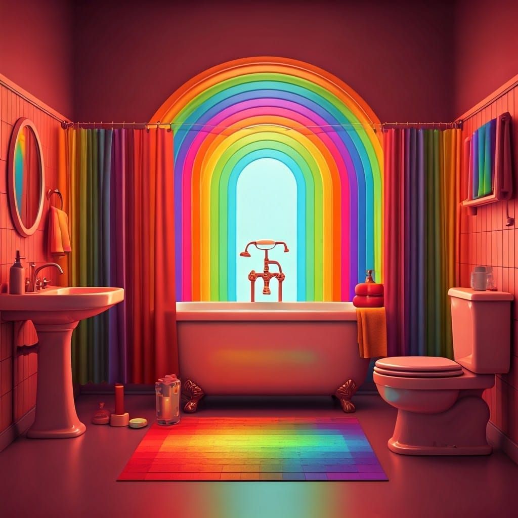 Rainbow Retro-Futuristic Bathroom in 3D Digital Art
