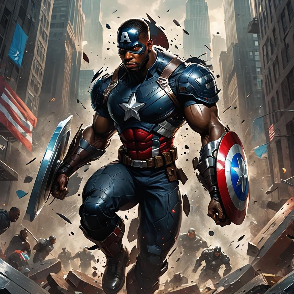 A black Captain America inspired superhero, black male, huge...