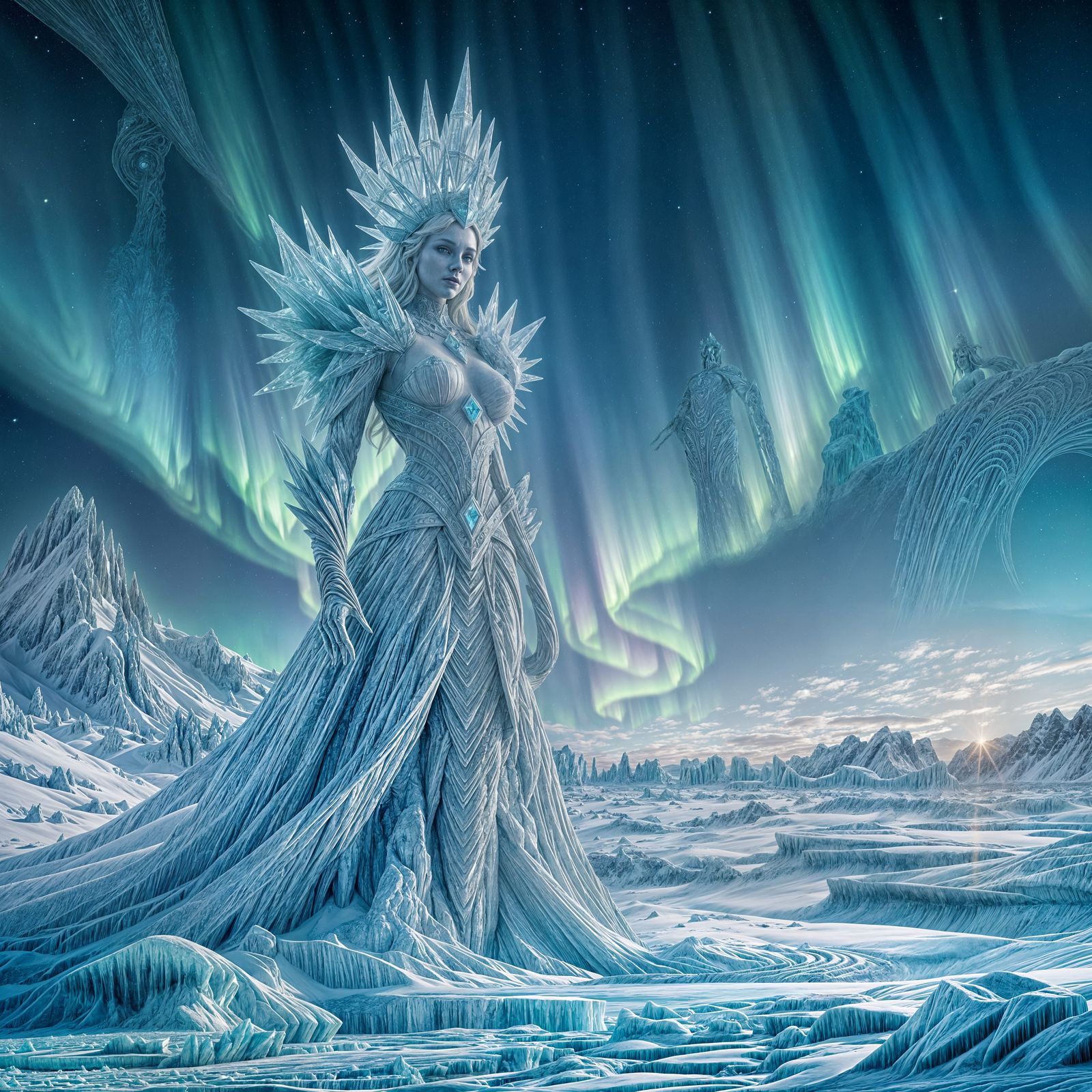 Majestic Ice Queen Over Frozen Alien Desert in Painterly Sty...