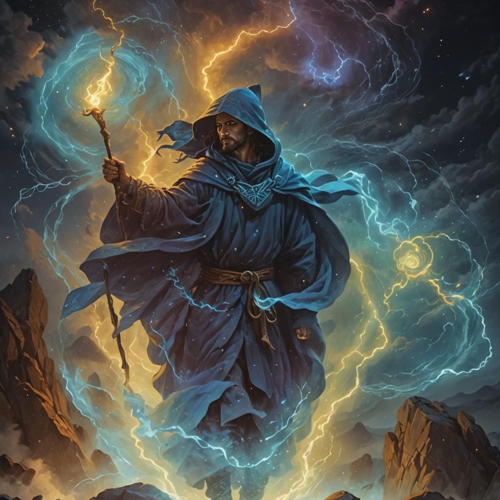Mystical Figure Amidst Storm in Digital Art