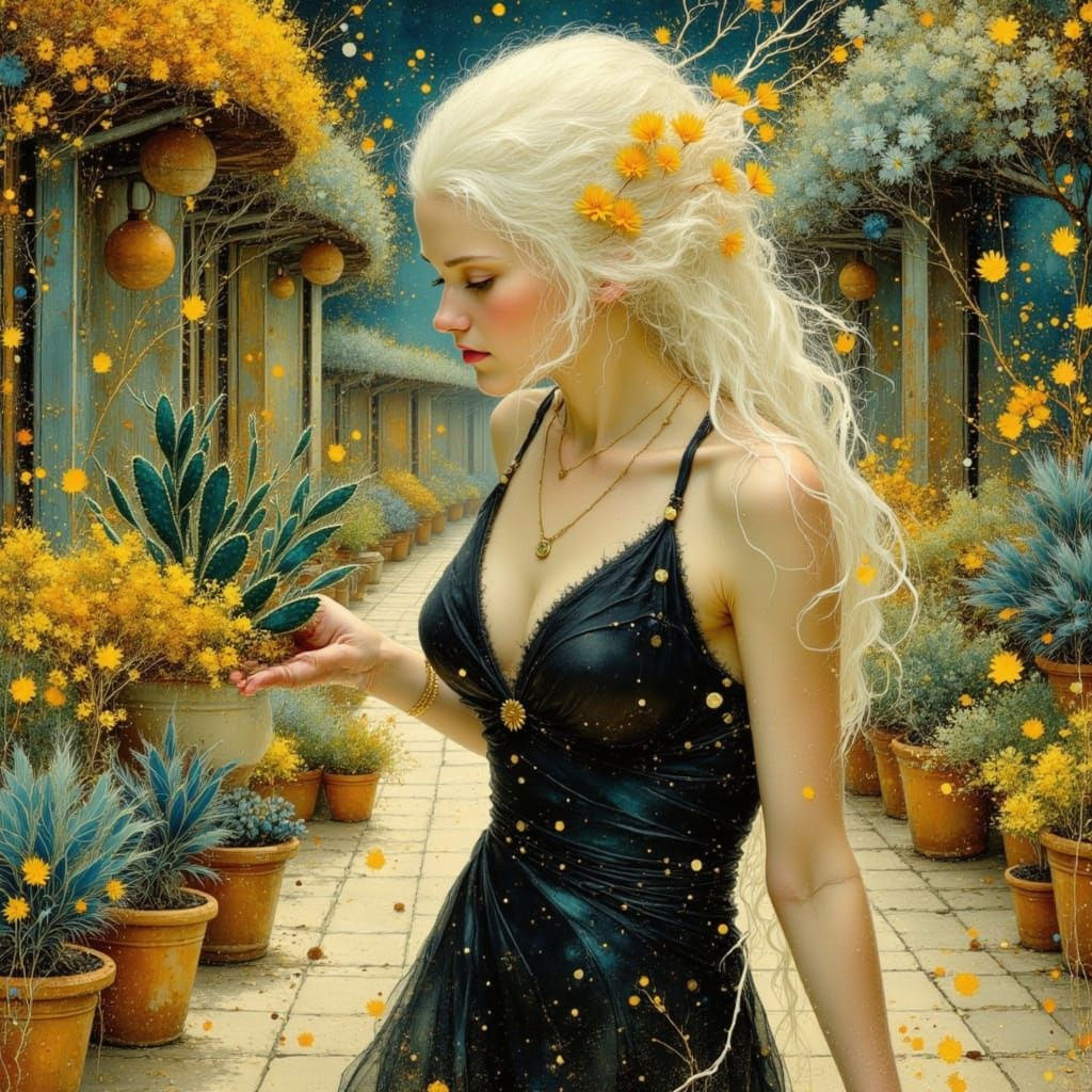 Woman with Cactus in Bazaar, Alcoholic Ink Style