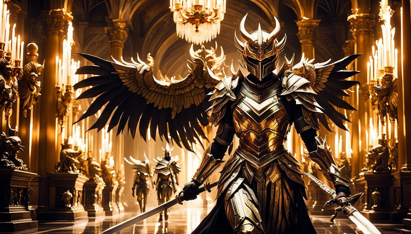 Golden Winged Knight in Ornate Hallway