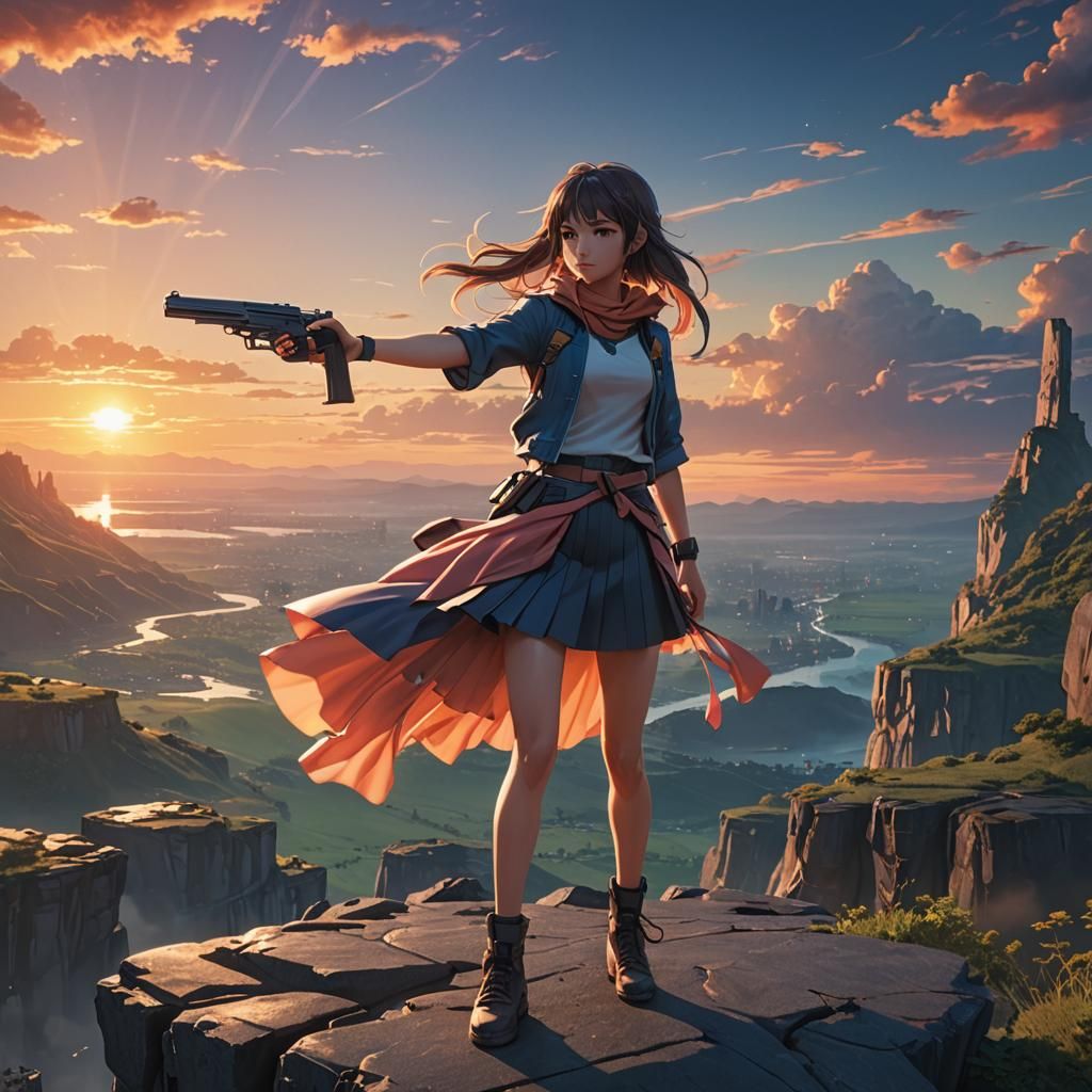 Anime Girl with Pistol at Sunset