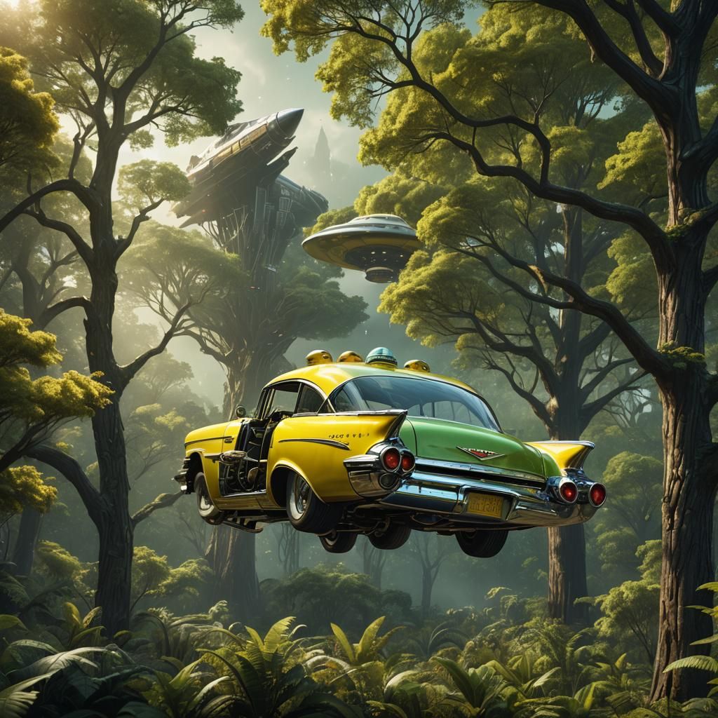 Retro Spaceship with Alien Pilot, Detailed Digital Art