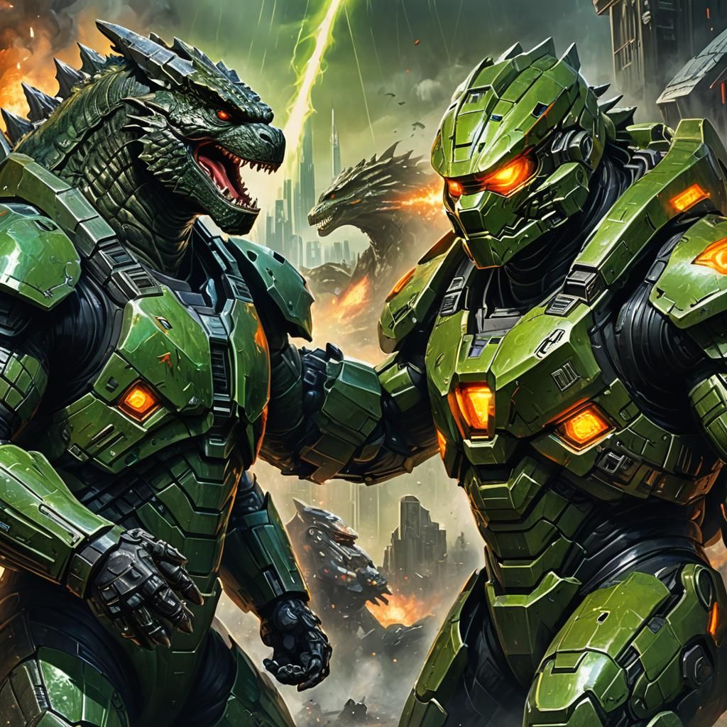 Godzilla and Master Chief Combat: Hyperrealistic Digital Art