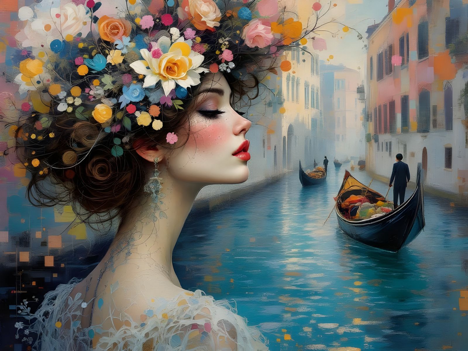 Elegant Woman by the Dreamy Venice Canal in Surreal Abstract