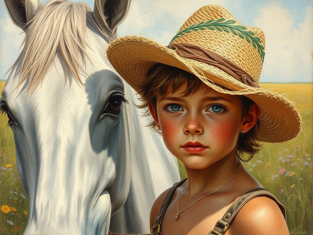 Tanned Boy and Silver Horse in Wildflower Meadow