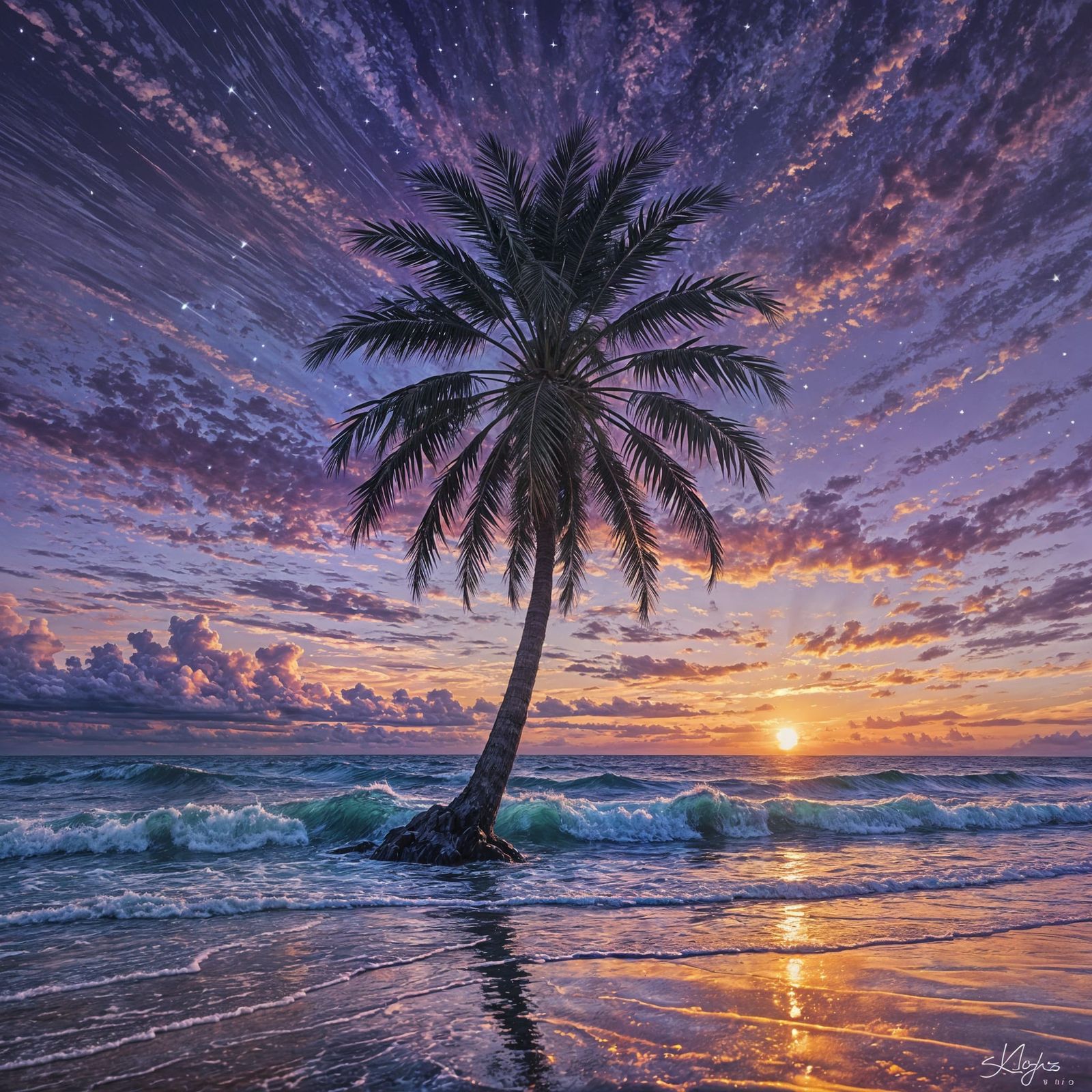 Cosmic Palm Trees at Sunset: Impressionist Style