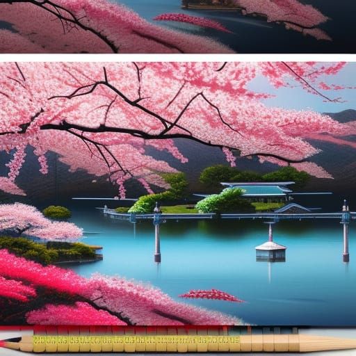 Samurai in Japanese Town with Cherry Blossoms