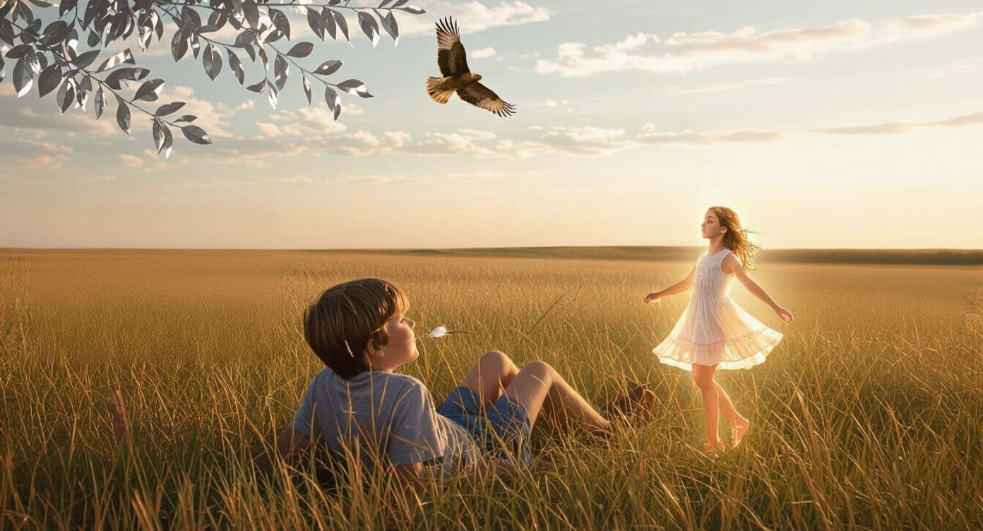 Nostalgic Boy in Surreal Field, Painterly Album Art Style