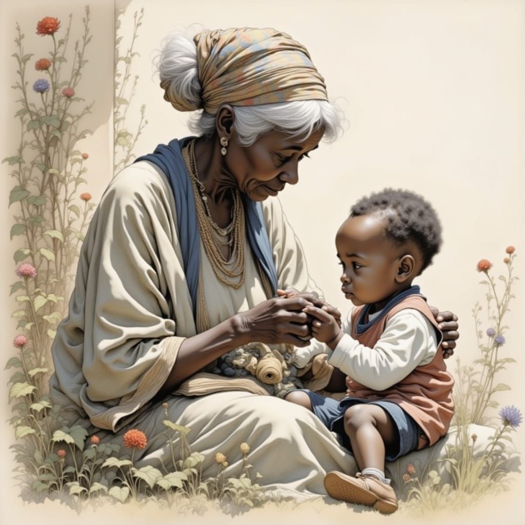 Warm Grandmotherly Love in Vibrant African-Inspired Detail