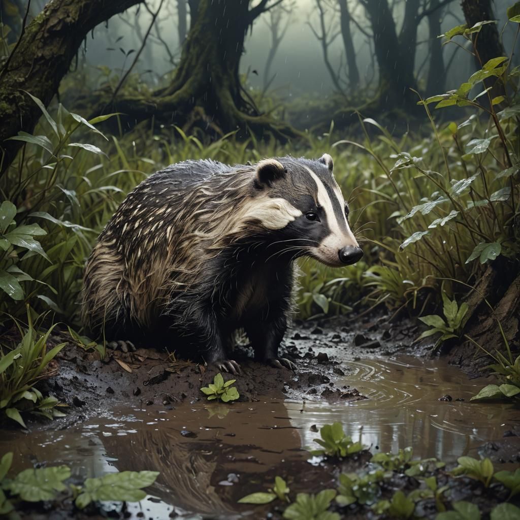 Badger Snuffling in Rain-soaked Undergrowth