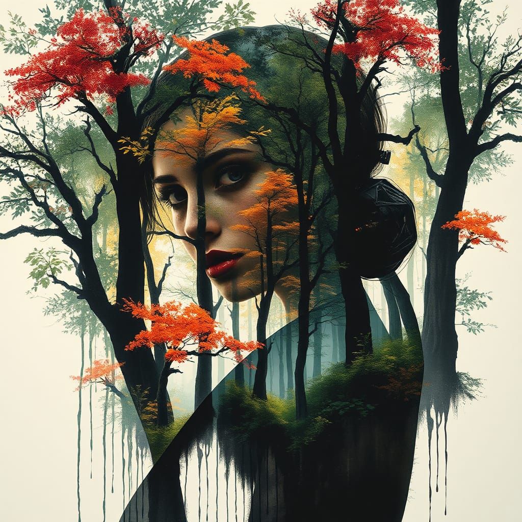 Enchanted Forest Woman: Ink Painting Double Exposure
