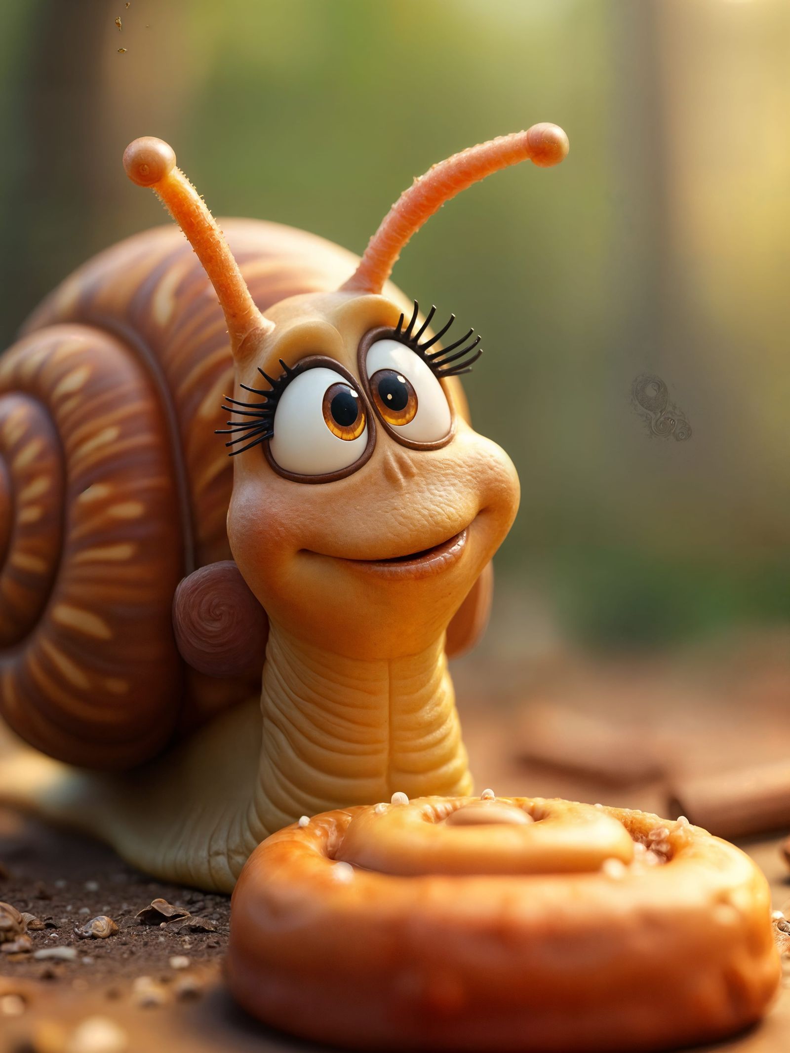 Curious Snail and Cinnamon Roll in 3D Cartoon Style