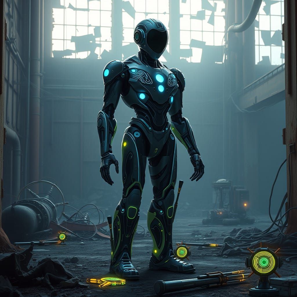 Robot Amidst Post-Apocalyptic Ruins in Ethereal Blue