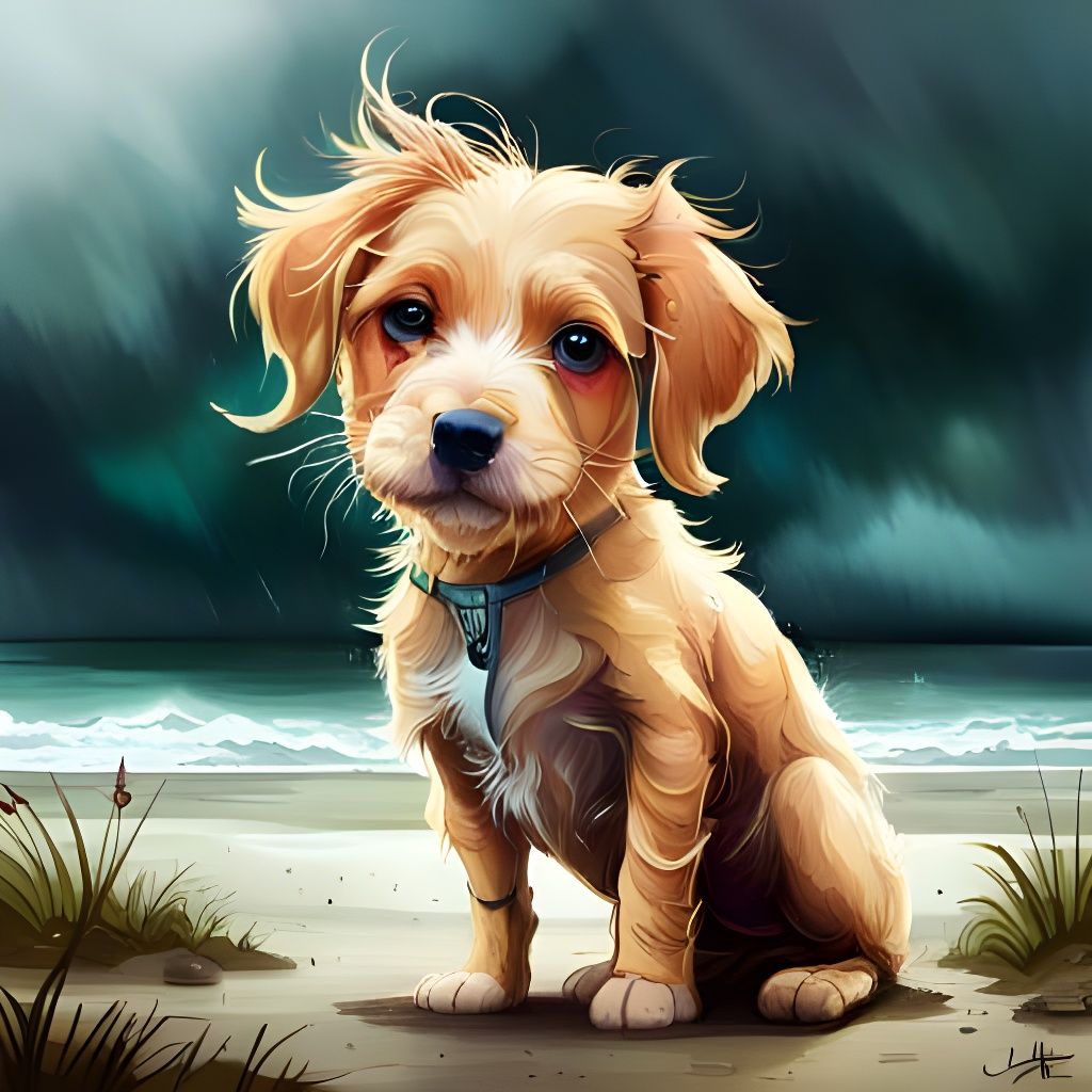 Hyperreal Puppy on Rainy Beach Splash Art
