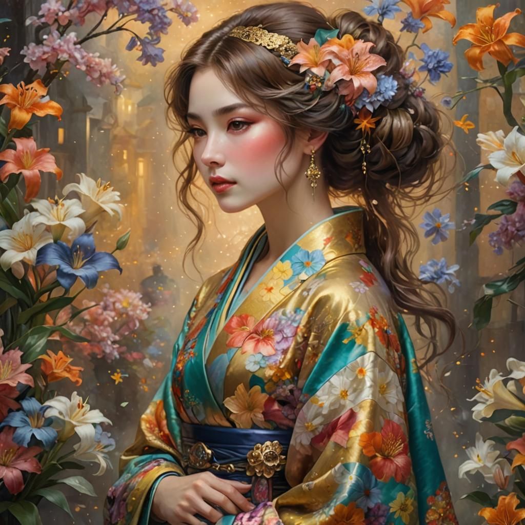 Girl in Kimono with Lilies, Klimt Style