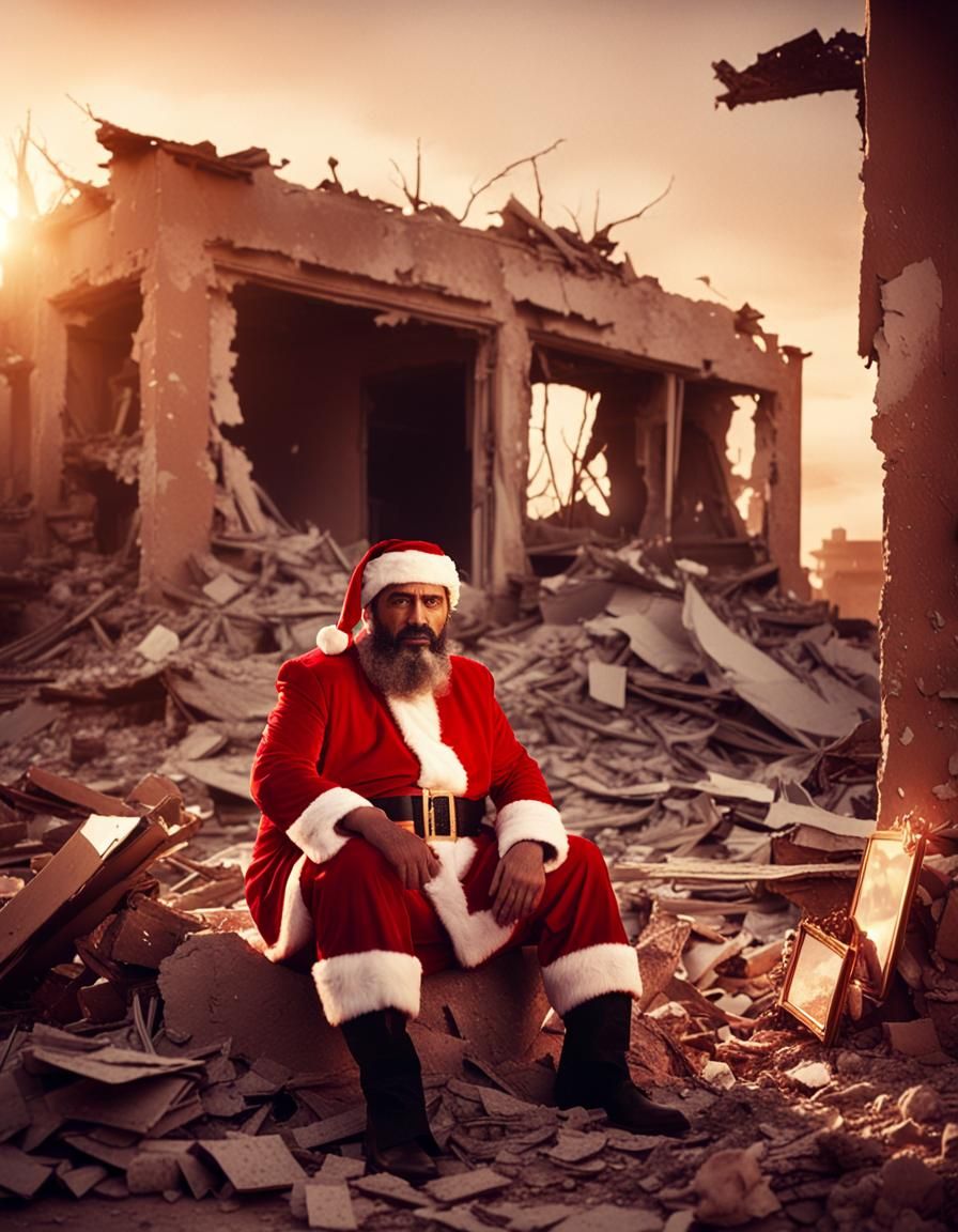 Abandoned Santa in a War-Torn Landscape