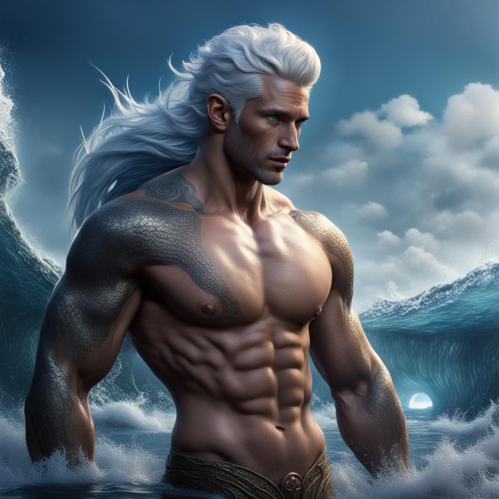 Fantasy Merman with Silver Hair, Digital Art