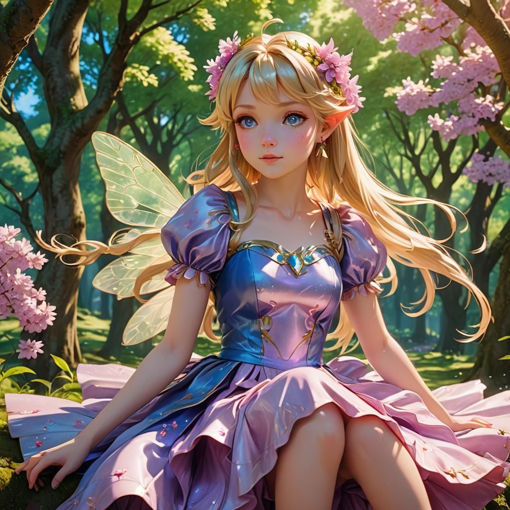 Anime Fairy in Cherry Forest: 3D Digital Art