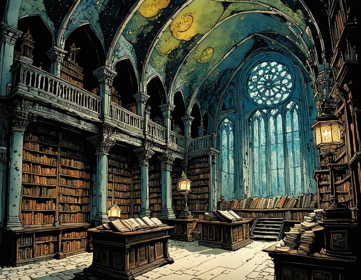 Whimsical Watercolor Monastery Library in Nocturnal Splendor