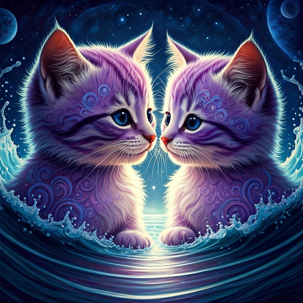 Dreamlike Whimsy of Lavender Kittens in Starry Oceanscape