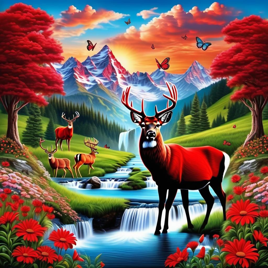Hyperdetailed Red Landscape with Waterfall and Deer