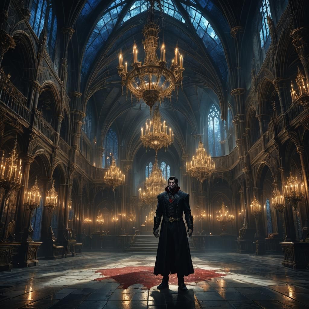 Bloodthirsty Vampire in Gothic Castle Hall