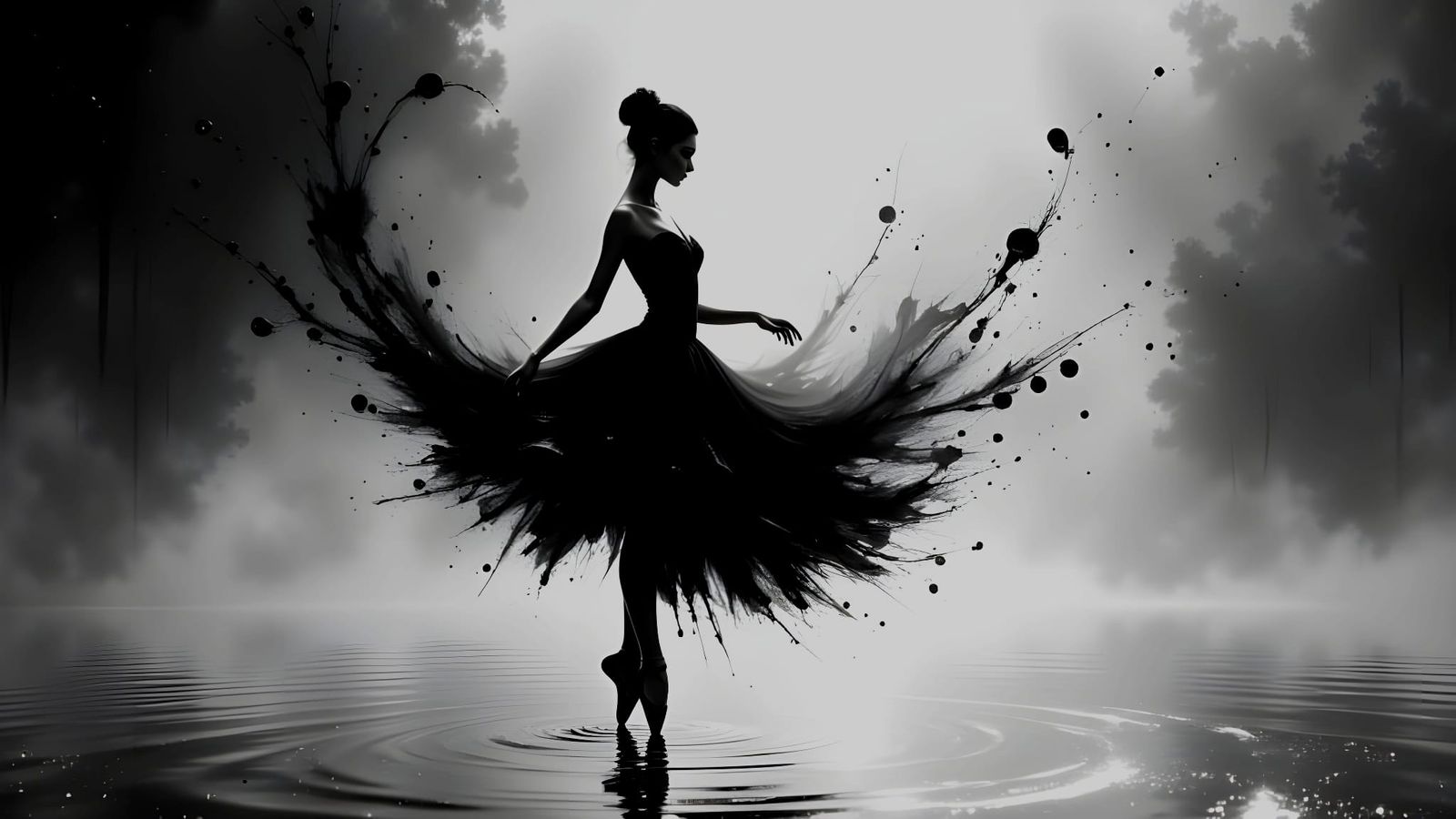 Ballerina Silhouette in Flowing Ink Strokes