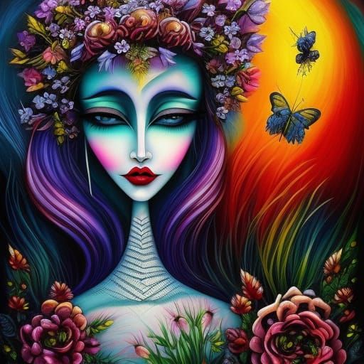 Floral Fantasy: Mixed Media Art in Burton Style